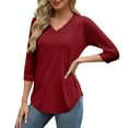 thumbnail image 7 of Women's V Neck 3/4 Sleeve Tops Floral Lace Patchwork Solid Color Casual Fashion Tshirts Blouses Spring Fall (L, Wine), 7 of 7