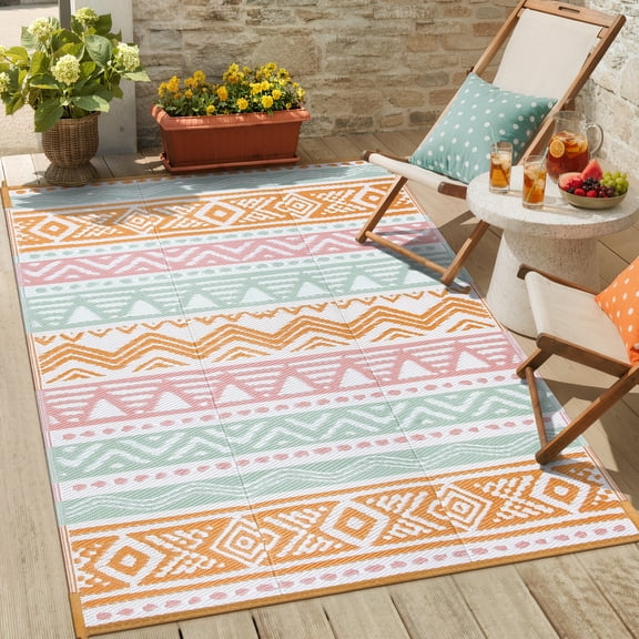 Moynesa Outdoor Rug Waterproof, 4'x6' Lightweight Plastic Straw Rug for Camping RV, Reversible Outside Carpet for Patio Deck Porch Balcony Picnic Tent, Pink/Orange