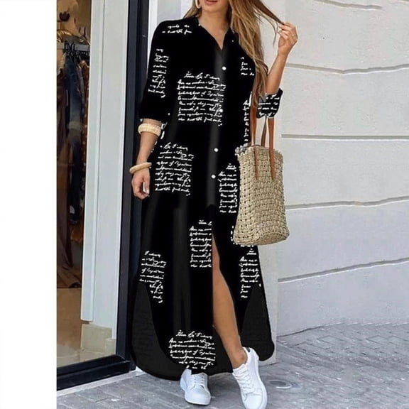 ZHOGXU Women's Dress Long Sleeve Lapel Solid Color Buttons Side Split Fashion Comfortable Loose Fit Maxi Dresses With Pockets For Casual Daily Wear,Beige,L