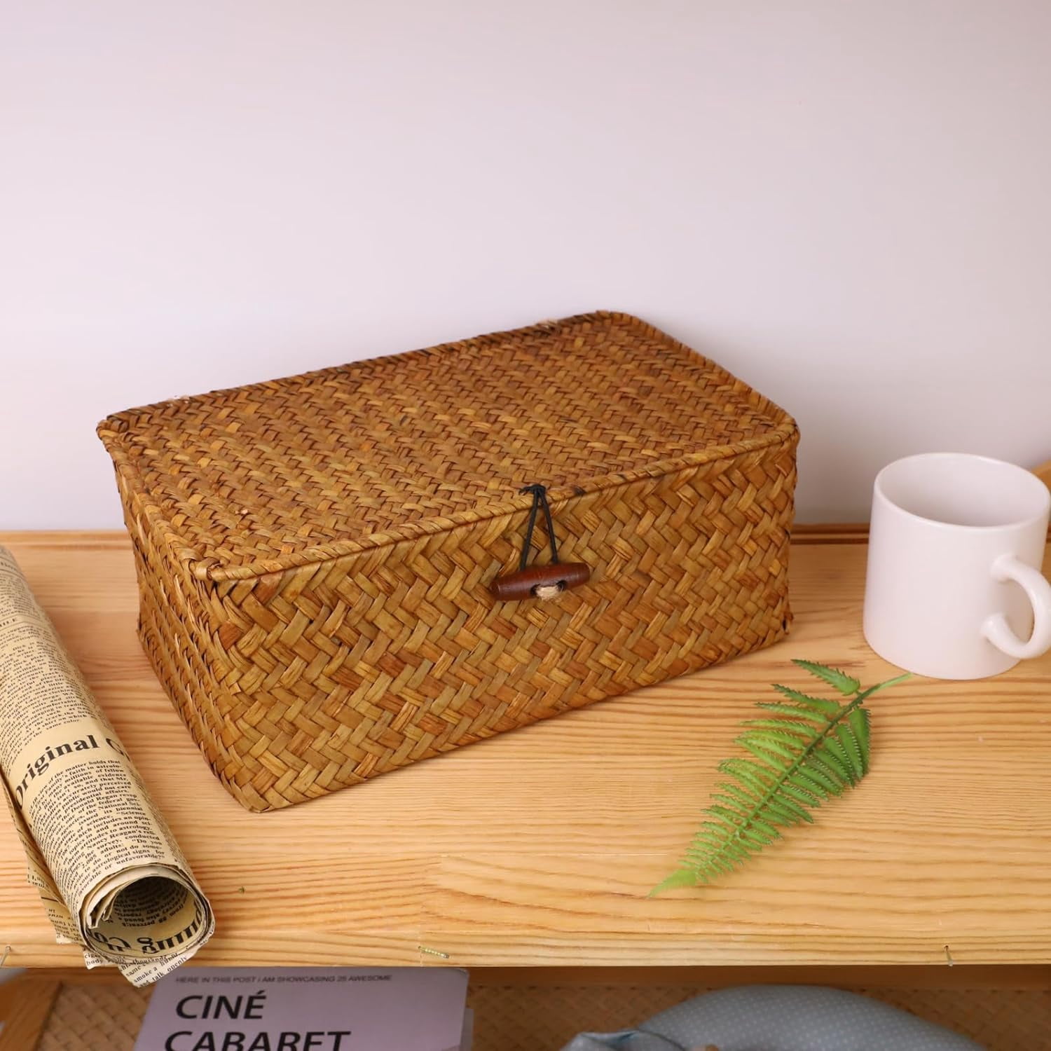Seagrass Storage Basket, Simple Large Capacity Dustproof Soft Woven Rectangular Basket Bins With Lid For Bathroom L