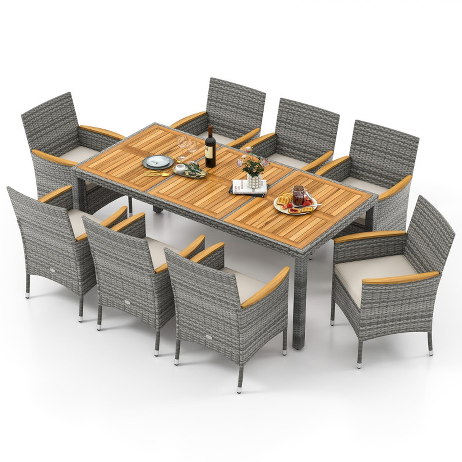 Furnibear 9 Piece Patio Wicker Dining Set Outdoor Conversation Set with Cushioned Chairs and Large Table for Deck Garden, Gray and Off White