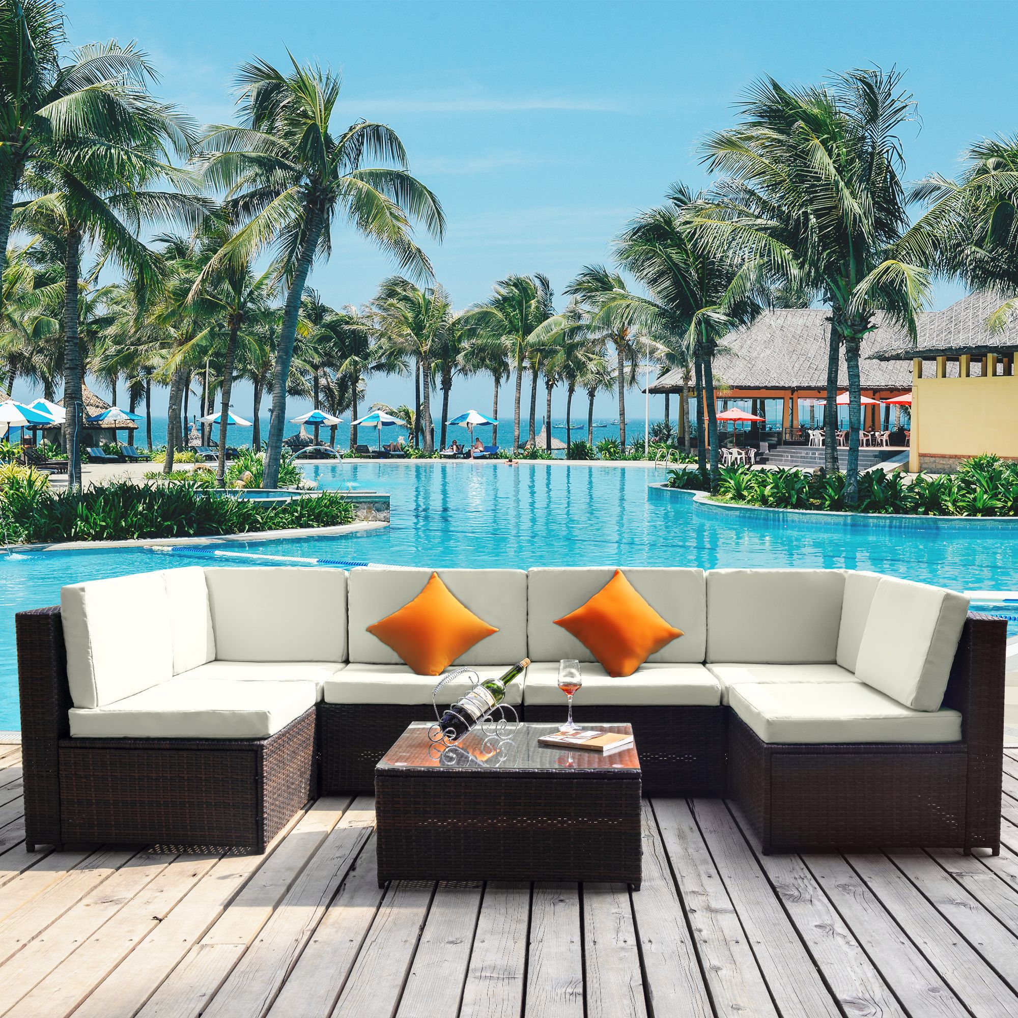 Tkoofn 7 Piece Modular Outdoor Patio Furniture Set Wicker Sectional Conversation Sofa W 6 Chairs Coffee Table Weather Resistant Cover Walmart Com Walmart Com