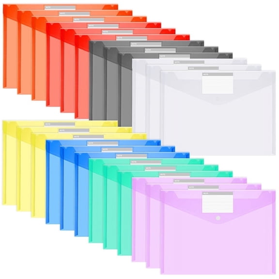 24 Pack Plastic File Folders with Snap Button Closure, A4 Document Envelopes for School, Office, Hom, Poly Filing Folders, Letter Size, Assorted Colors