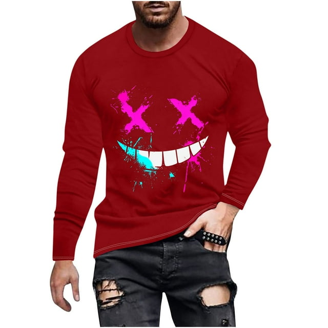 Haut Imprimé à la Mode pour Hommes avec Col Rond à Manches Longues et Visage Souriant Haut/chemise Impriméx
