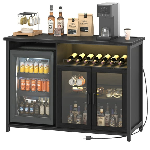 Wine Bar Cabinet with Mini Fridge Space, Black Coffee Bar Cabinet and Liquor Cabinet with Storage Rack, Sideboard Buffet Table for Home Kitchen, Dining Room