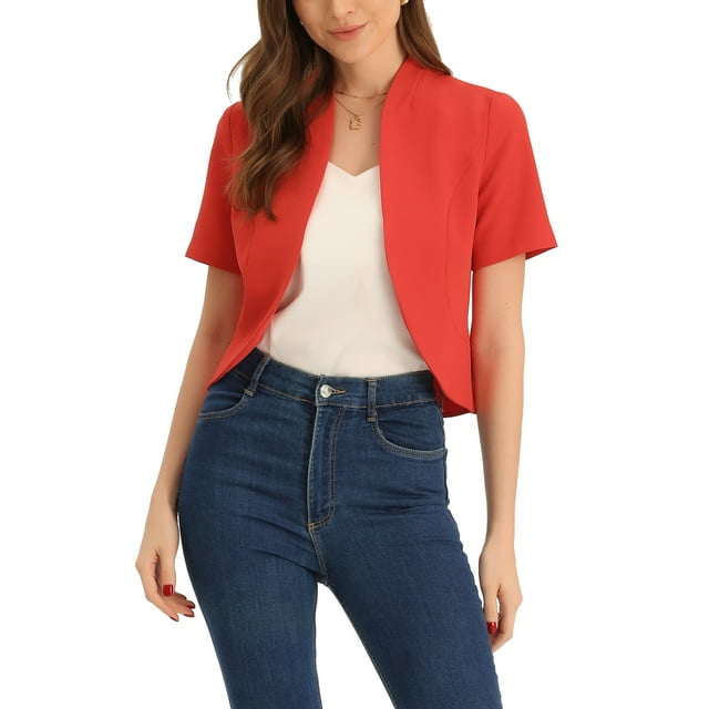 INSPIRE CHIC Blazer Décontracté d'Affaires pour Femmes, Cardigan Sans Col à Manches 3/4 Ouvert sur le devant, Rouge P