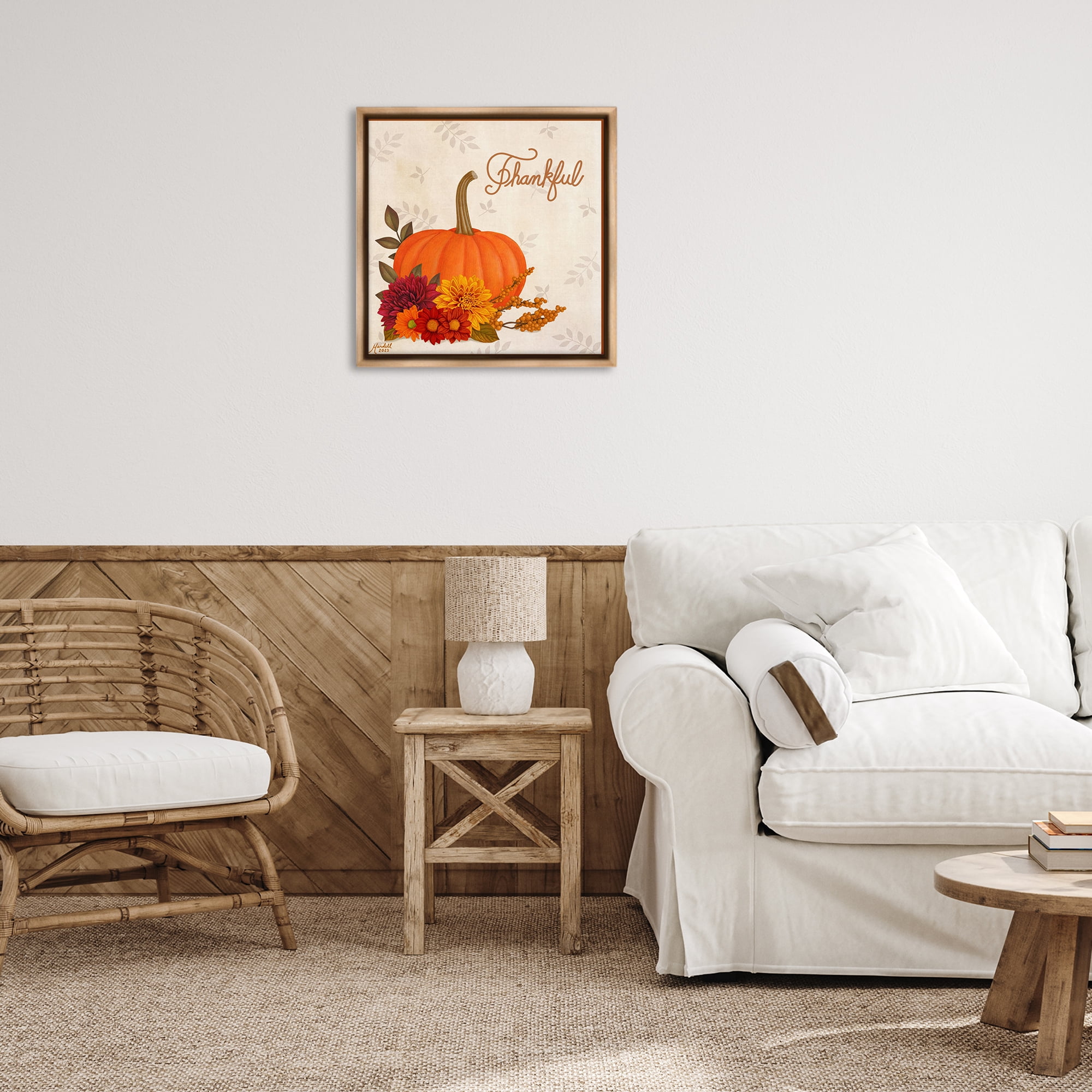 Stupell Industries Thankful Pumpkin & Florals Holiday Painting Brown Floater Framed Canvas Art Prints Wall Art, 25 x 25