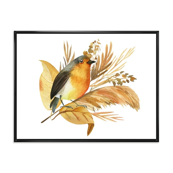 Designart 'Autumn Flowers and Robin Bird' Traditional Framed Canvas Wall Art Print