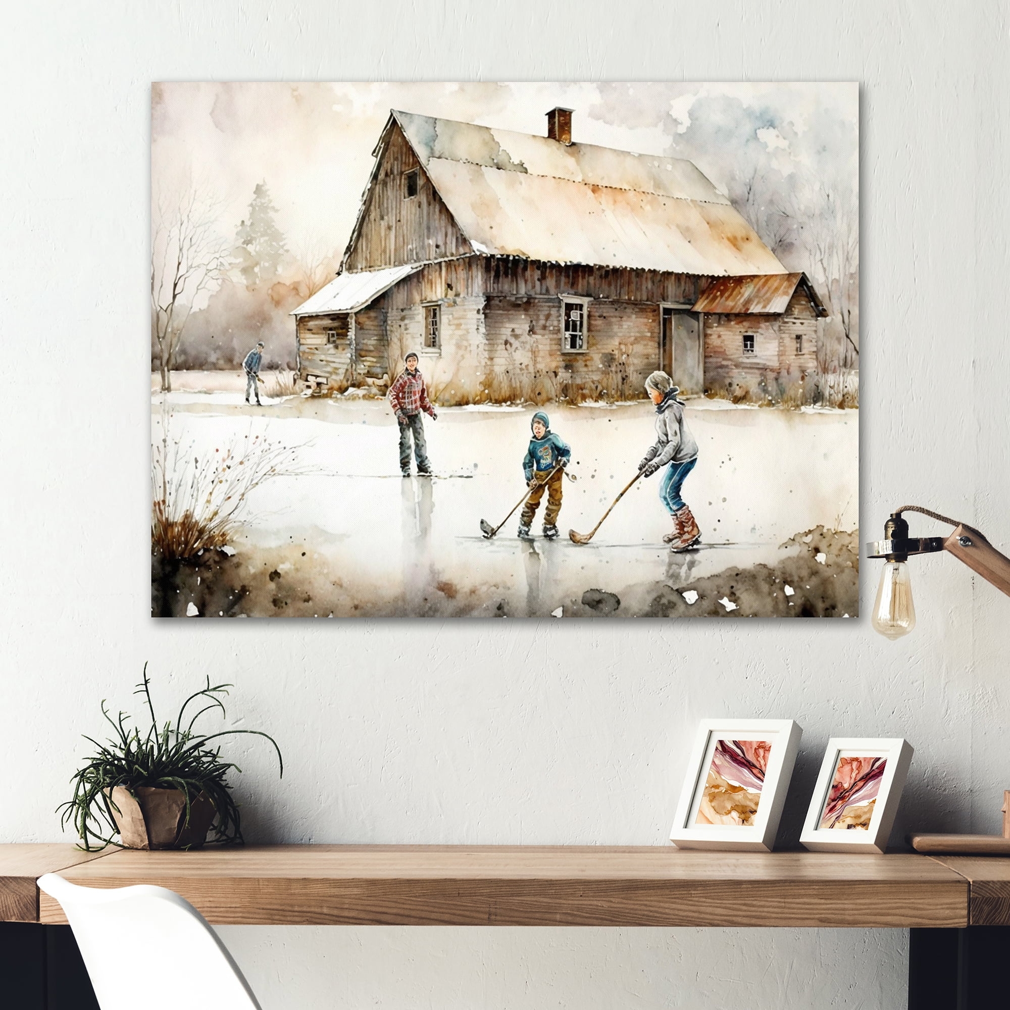 Designart Boys Playing Hockey At Cabin IV Canvas Wall Art