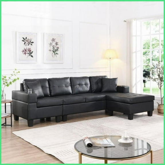 Modern 4-Seat Leather Sectional Sofa with Convertible L-Shaped Chaise & Cup Holder for Living Room, Black