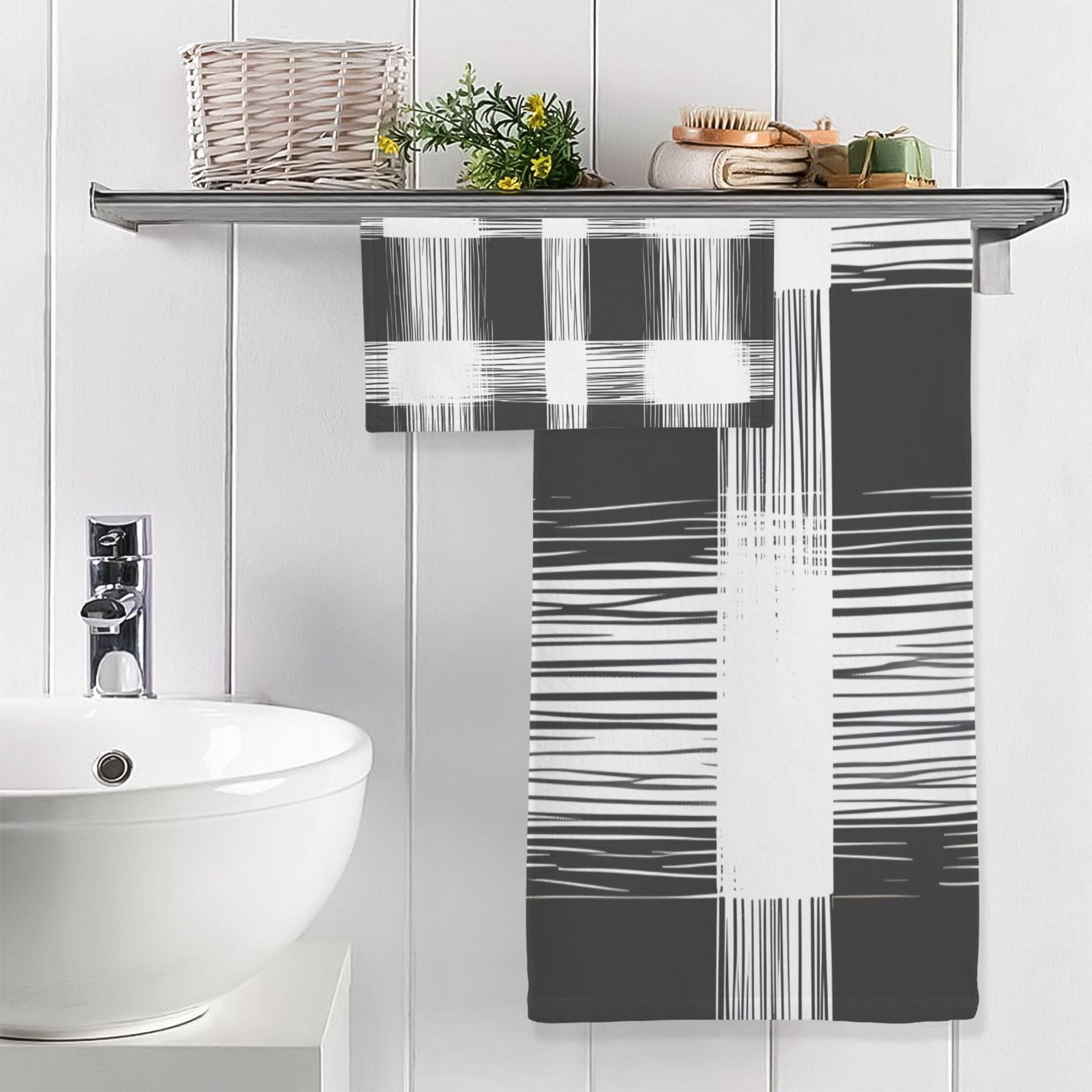 White and Black 2 Piece Cotton Bath and Face Towel Set Soft and Absorbent, for Beach Pool Bathroom