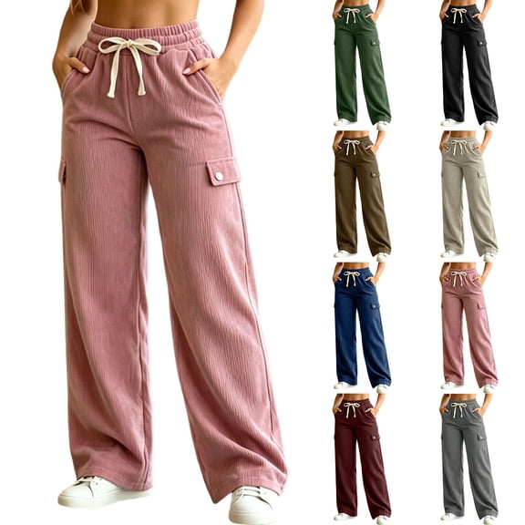VBVC Women's Corduroy Drawstring Sweatpants , Baggy Ribbed Lounge Trousers For Women , Ladies' Wide Leg Casual Pants with Pockets, Black , S-3XL