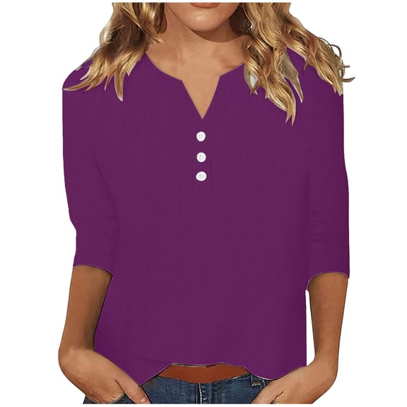 UAMVSH Cotton Linen Shirts for Women Soft Lightweight 3/4 Length Sleeve Vacation Tops Casual V-Neck Button down Work Tees(Medium,Purple)