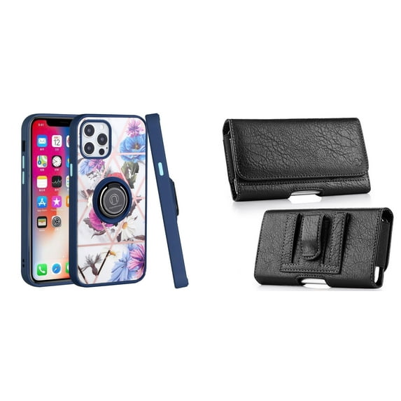 Bemz Ring Series Case for iPhone 14 Pro Max (TPU Silicone Cover with Magnetic Stand) and PU Leather Coin Card Wallet Belt Holster Pouch - Blue Purple Flowers