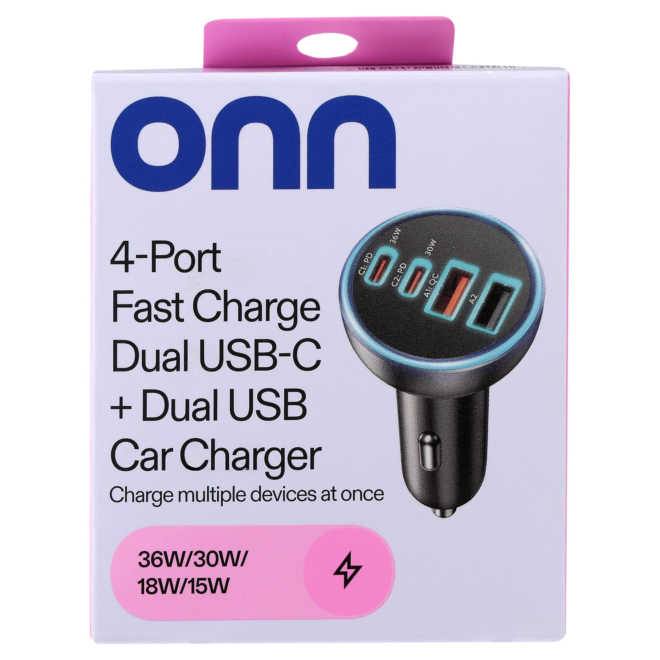 onn 4-Port Fast Charger Dual USB-C and Dual USB Car Charger
