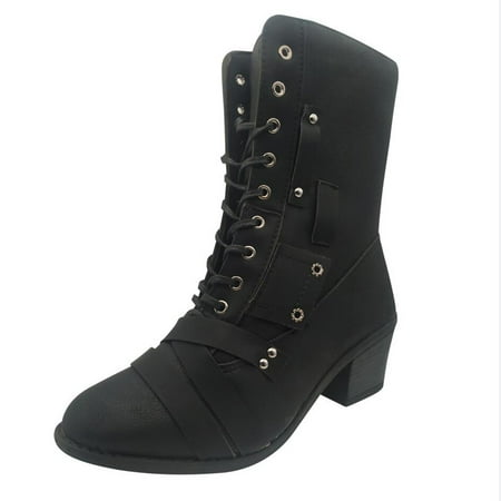 

fvwitlyh Boots for Womens Rain Boots Mid Calf Fashion Boots Colorblocked Women s Lace-up Pointed Toe Thick Fashion Boots for Women Mid Calf