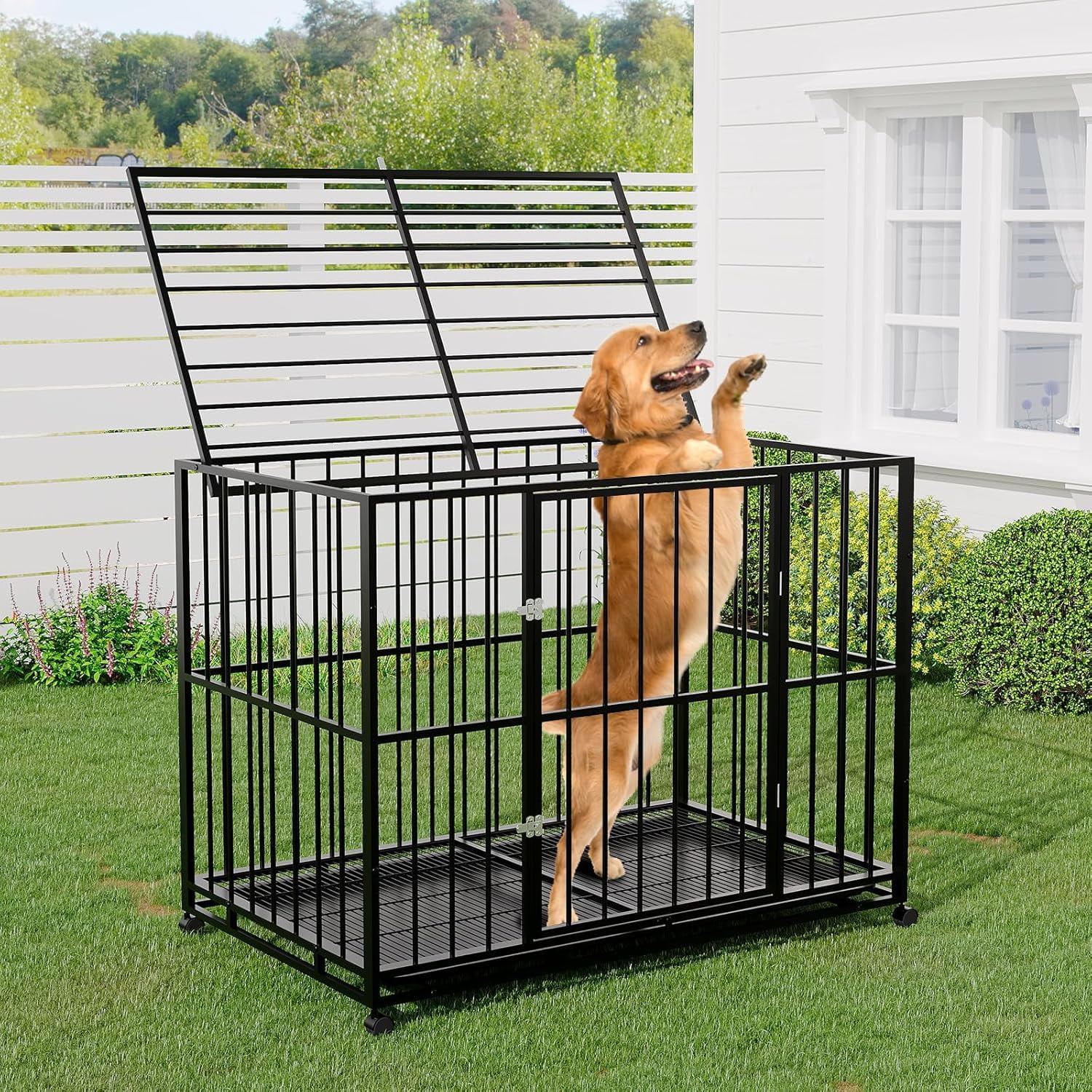 Rugerasy 42 Inch Stainless Steel Dog Crate,Indoor/Outdoor Cage for Large&XL Breeds,Indestructible Escape-Proof Kennel with Locking Wheels,Collapsible,Chew-Resistant with Easy-Clean Removable Tray