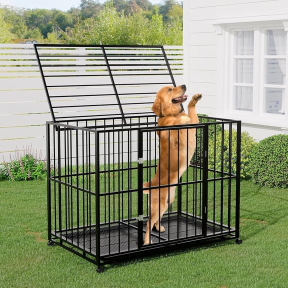 Historyli Indestructible Stainless Steel Dog Crate-42 Inch for Large Breeds-Escape-Proof,Chew-Resistant Kennel,Locking Wheels,Removable Tray,Collapsible,Indoor/Outdoor,Easy Clean