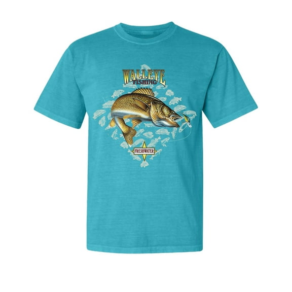 Wild Bobby, Walleye Fishing Nautical Freshwater, Fish, Garment-Dyed Washed Look Short Sleeve Tees, Blue Lagoon, Small