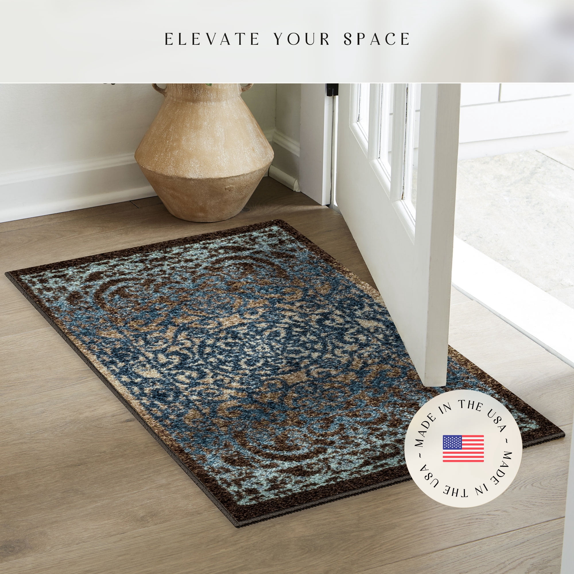 Maples Rugs Pelham Transitional Vintage Scroll Blue Brown Washable Entryway Area Rug, 1'8 x 2'10