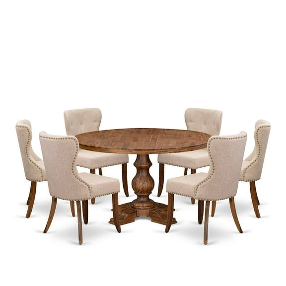 Luxe by East West Furniture 7-Pc Kitchen Table Set A Pedestal Breakfast Table, 6 Light Tan Dining Chairs