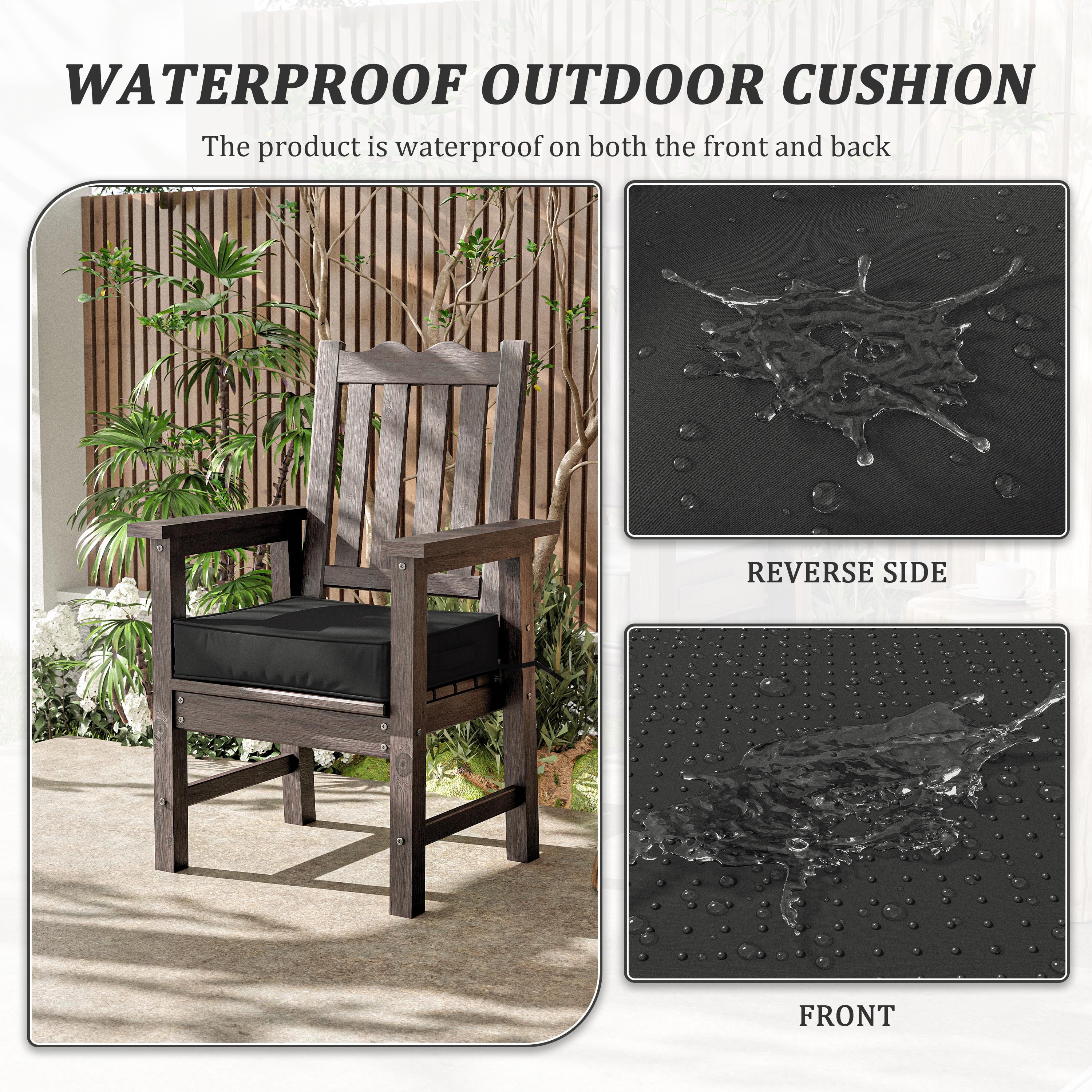 Pakunoda Outdoor Chair Cushions 19 X 19 X 4 Inch, 2-Piece Patio Seat Pad Cushions, Waterproof Outdoor Seat Cushions Square Corner with Handle and Ties, Black