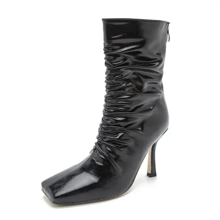 

Women‘s Stiletto Heel Mid Calf Boots Black Zipper Pointed Toe PU Leather High Heel Booties Women‘s Footwear