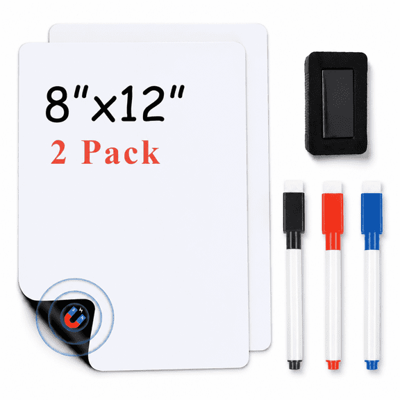 2‑Pack Magnetic Dry‑Erase Whiteboard Sheets, 8 x 12 Inch Small Reusable White Board for Fridge, Kitchen & Office Planning, Comes with Markers and Eraser