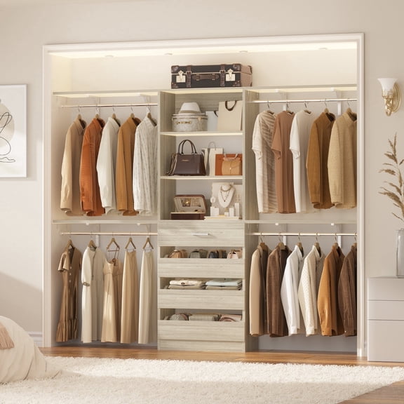Homieasy 8FT Closet Organizer System with 4 Wooden Drawers & Hanging Rods ,Wooden Heavy-Duty Wardrobe Rack,Adjustable Storage Tower for Walk-In Closets ,White Oak