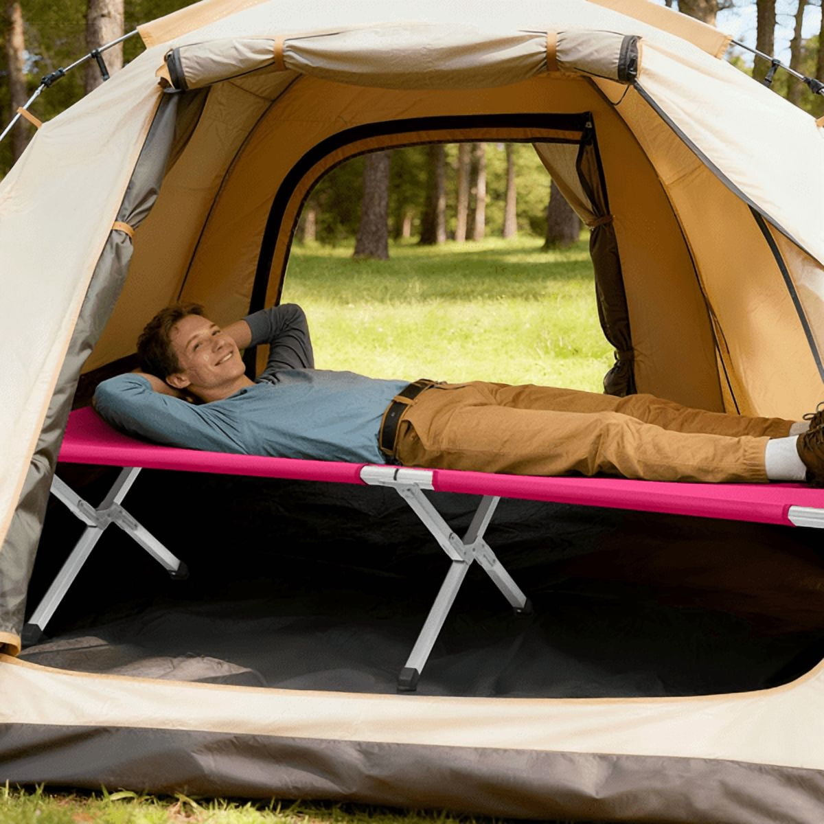 Alvantor Single Folding Camping Cot for Adults, 74 x 28 x 18 in, Aluminum Frame, Oxford Fabric, Carry Bag, Pink