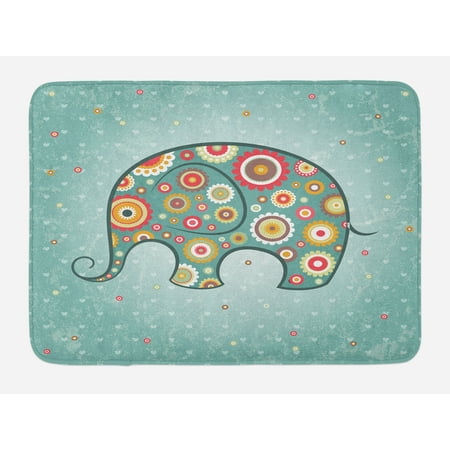 Floral Bath Mat, Elephant with Flowers Featured Grunge Heart Backdrop Cute Animal Graphic Art, Non-Slip Plush Mat Bathroom Kitchen Laundry Room Decor, 29.5 X 17.5 Inches, Teal Baby Blue Red,