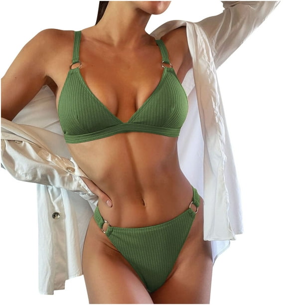 WaiiMak Womens Swimsuit Clearance Under $10 Women's Split Solid Steel  Bikini Swimsuit Two-Piece Swimsuit Green S 