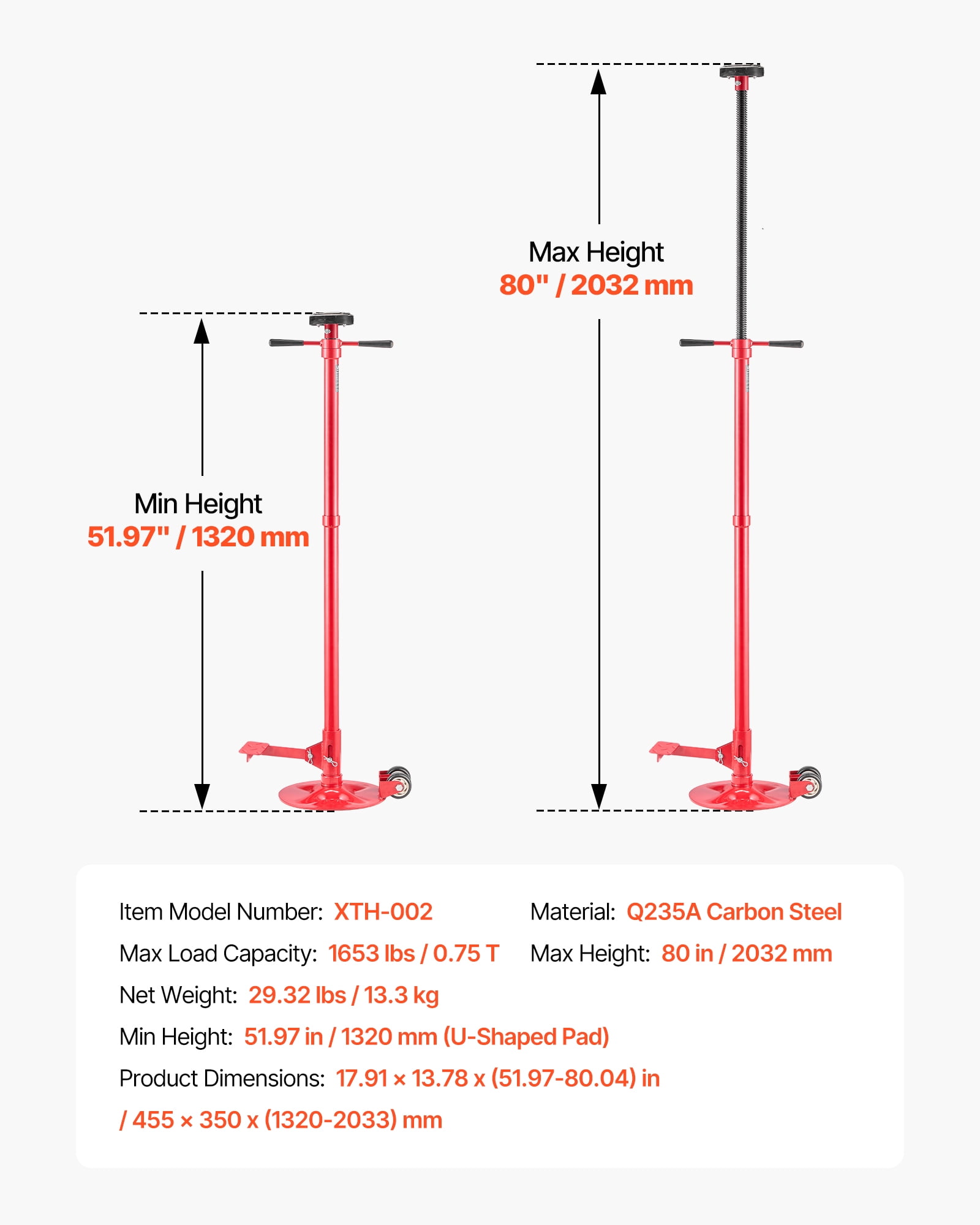 VEVOR Underhoist Support Stand, 3/4 Ton (1653 lbs) Capacity Under Hoist Jack Stand with Two Wheels, Lifting from 51.97" to 80", Bearing Mounted Spin Handle, Foot Pedal, Support Vehicle Components