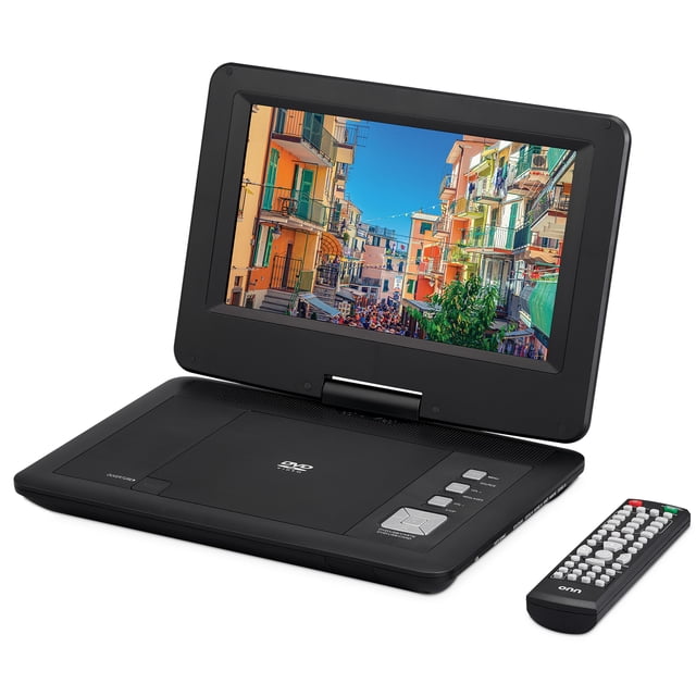 Onn 10 in. Portable DVD Player with Rotating Display, Stereo Speakers, Earphones, Remote Control, and Multiple Adapters, Black, Resolution: 1024 x 600
