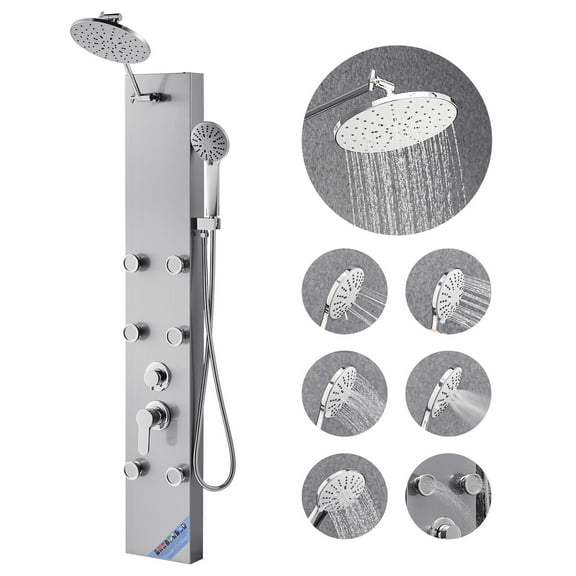 KFFKFF 49-Inch Brushed Stainless Steel Shower Panel System with Rainfall Head, Wall-Mounted High-Pressure Shower Column, 3-Function Faucet, 6 Body Jets, and Handheld Sprayer