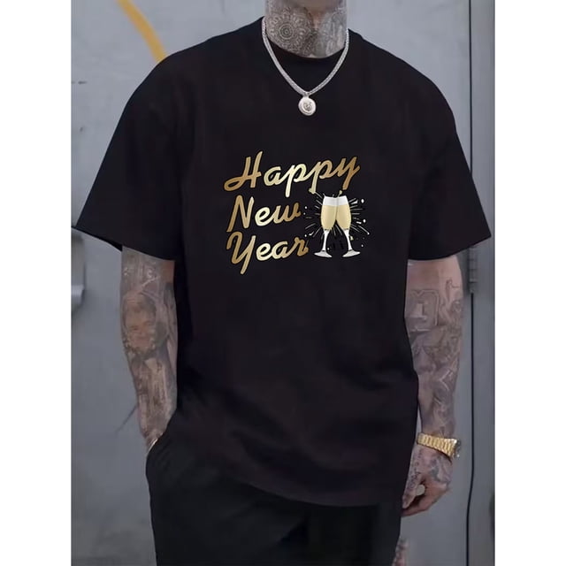 Men'S Happy New Year Party T-Shirt - Champagne And Confetti Print, Eye-Catching "Happy New Year" Lettering, Red And Gold