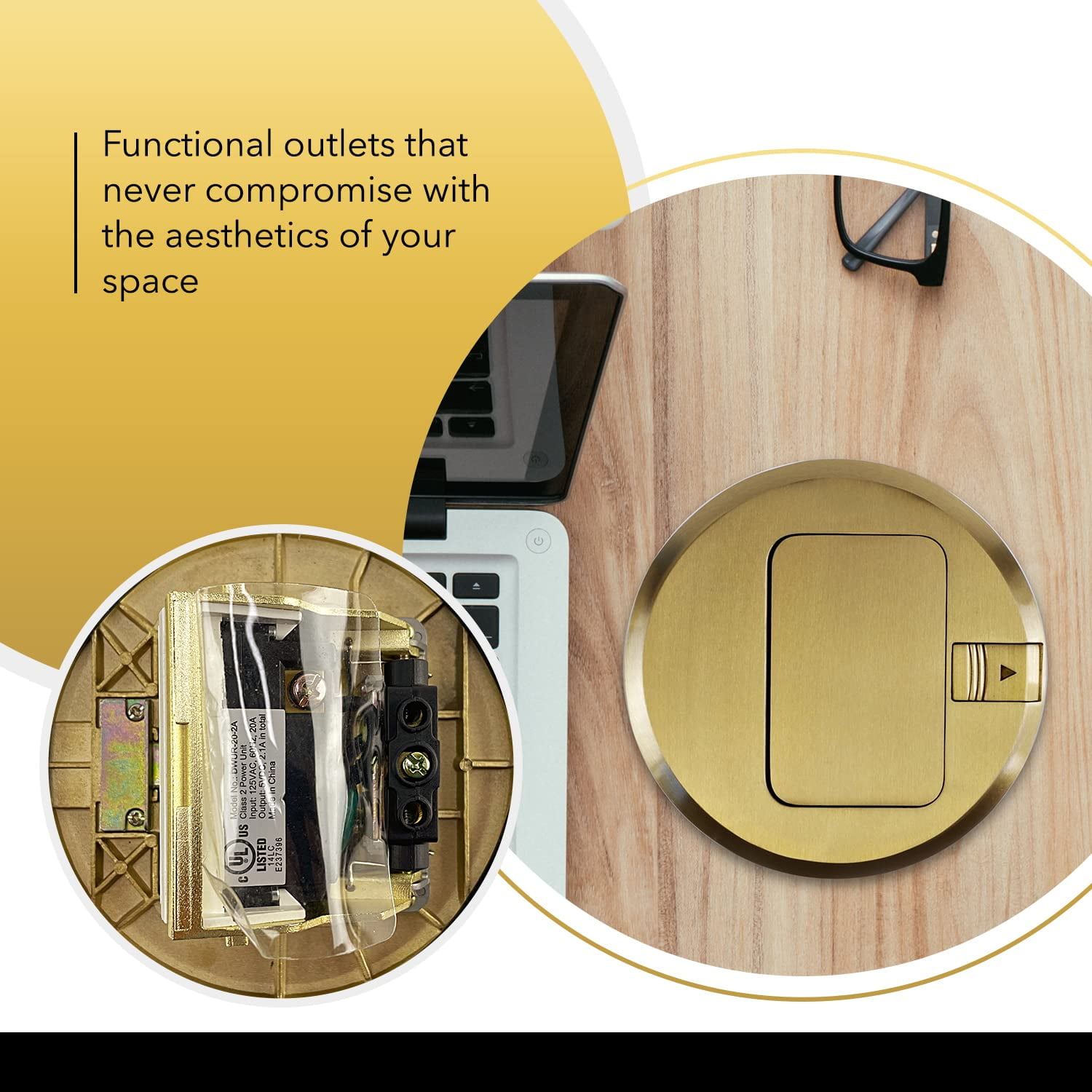 Select Lighting SLFB-PU-USB-BR 20A Pop Up USB Outlet Receptacles, Tamper Resistant Round Electrical Floor Box with Brass Cover, Retractable Recessed Socket for Countertops & Floors