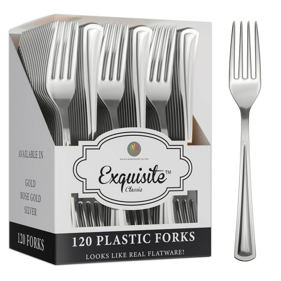 Exquisite 120 Pack Silver Plastic Forks - Heavy Duty - Disposable - Ideal for Catering & Parties