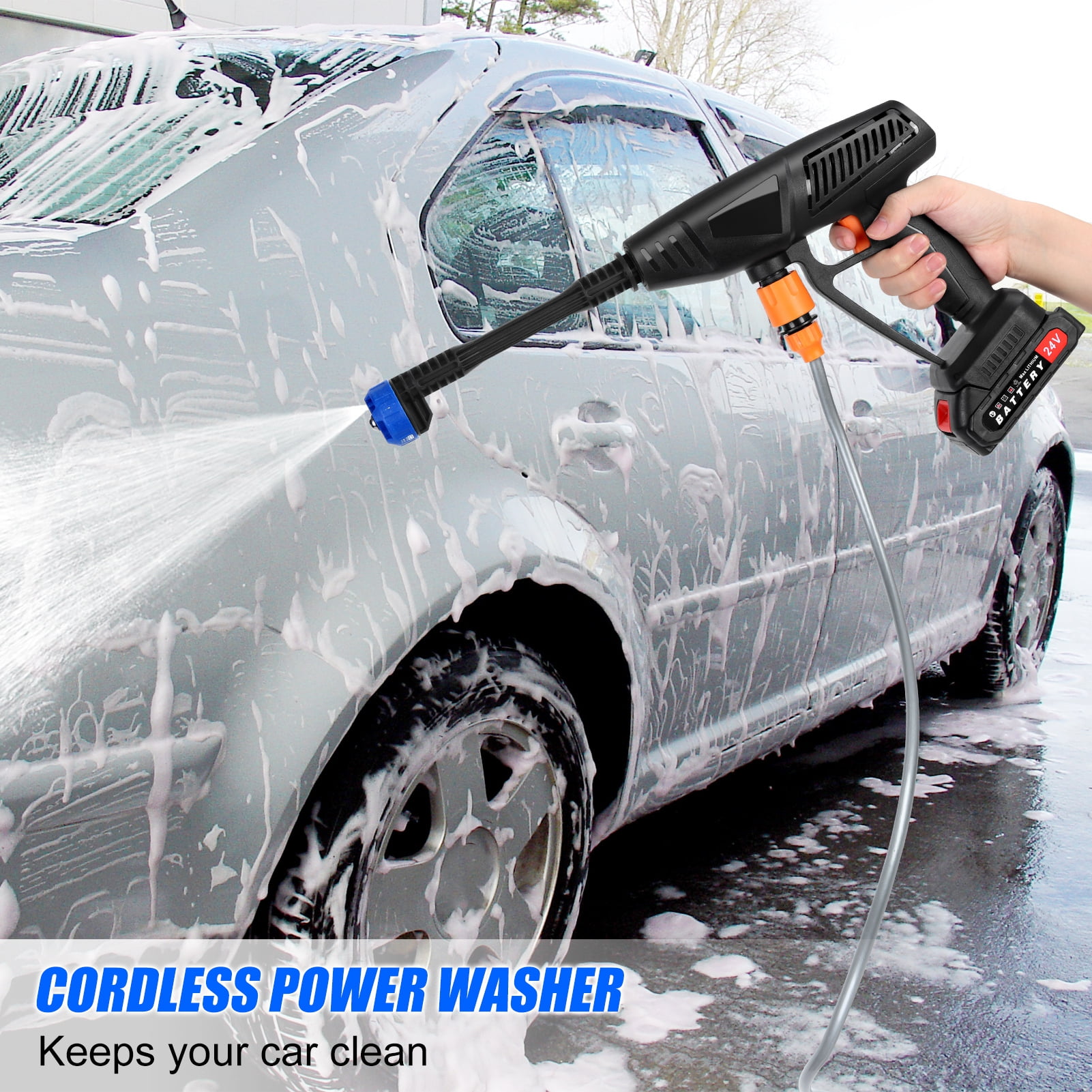 Cordless Pressure Washer, 3300 r/min Portable Cordless Power Washer, 24V 1500mAh Battery Powered Pressure Washer, 6-in-1 Nozzle High Pressure Washer Gun, Handheld Pressure Washer for Car,Home,Garden