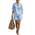 thumbnail image 2 of Lumtrix Womens Linen 2 Piece Sets V-Neck Shirt And Shorts Linen Cotton Two-Piece Set Dressy Casual Loose Fit Travel Matching Outfits Light Blue S, 2 of 3
