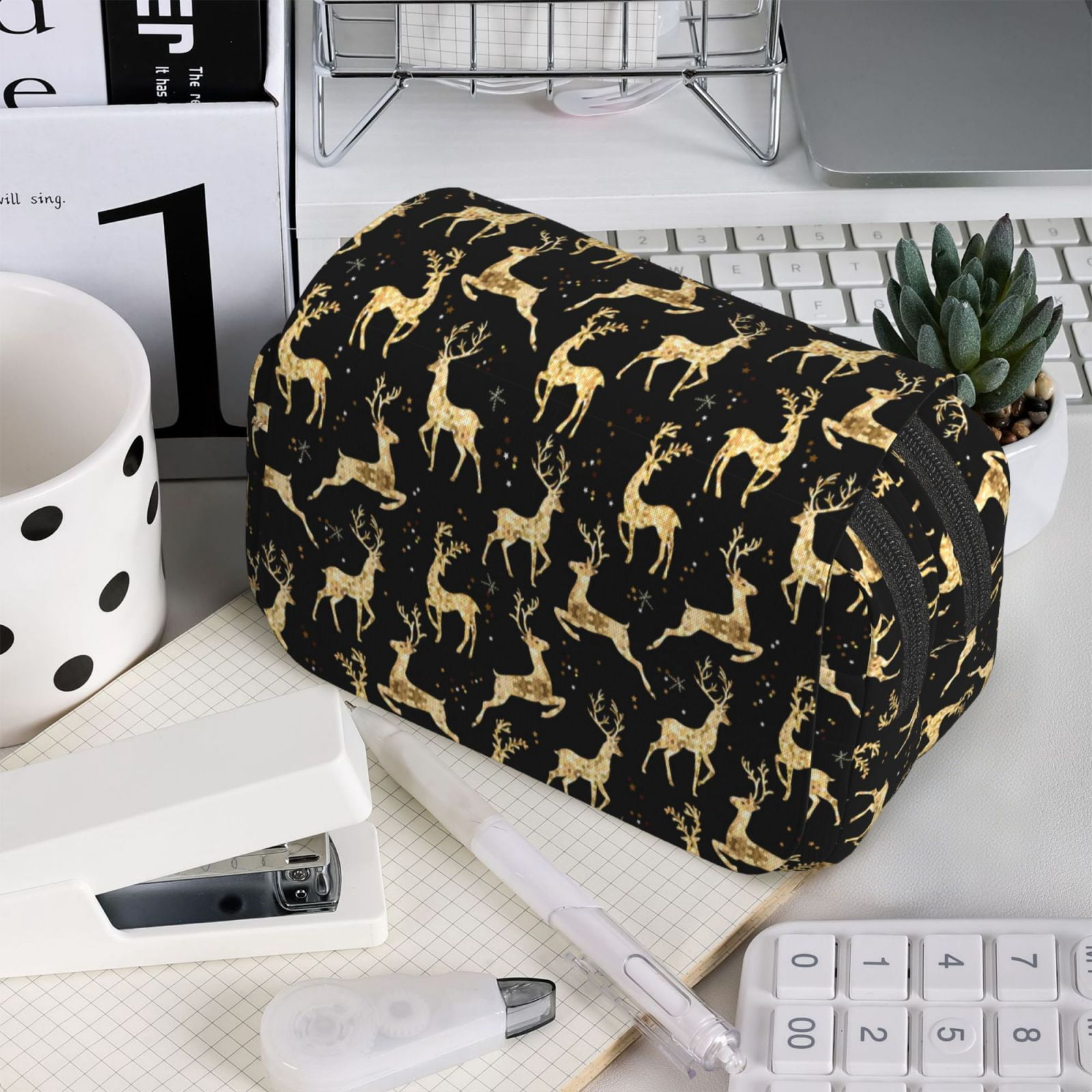 Rateoe Christmas Gold Deers Pattern Double Clamshell Pen Case, Storage Organizer with Two Zipper Compartments– Holds Up to 50 Pencils & Pens