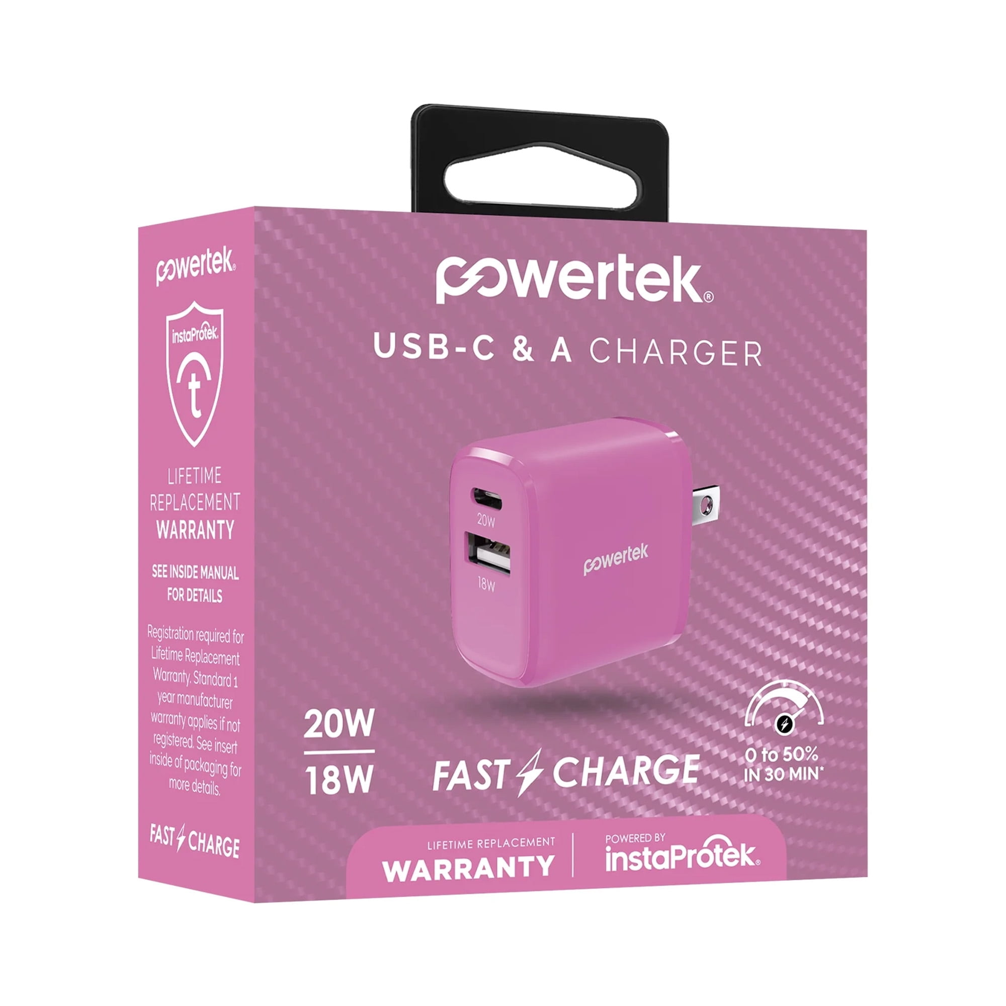 Powertek 20W USB-C PD + USB-A Dual Port Wall Charger, Carbon Design, Pink