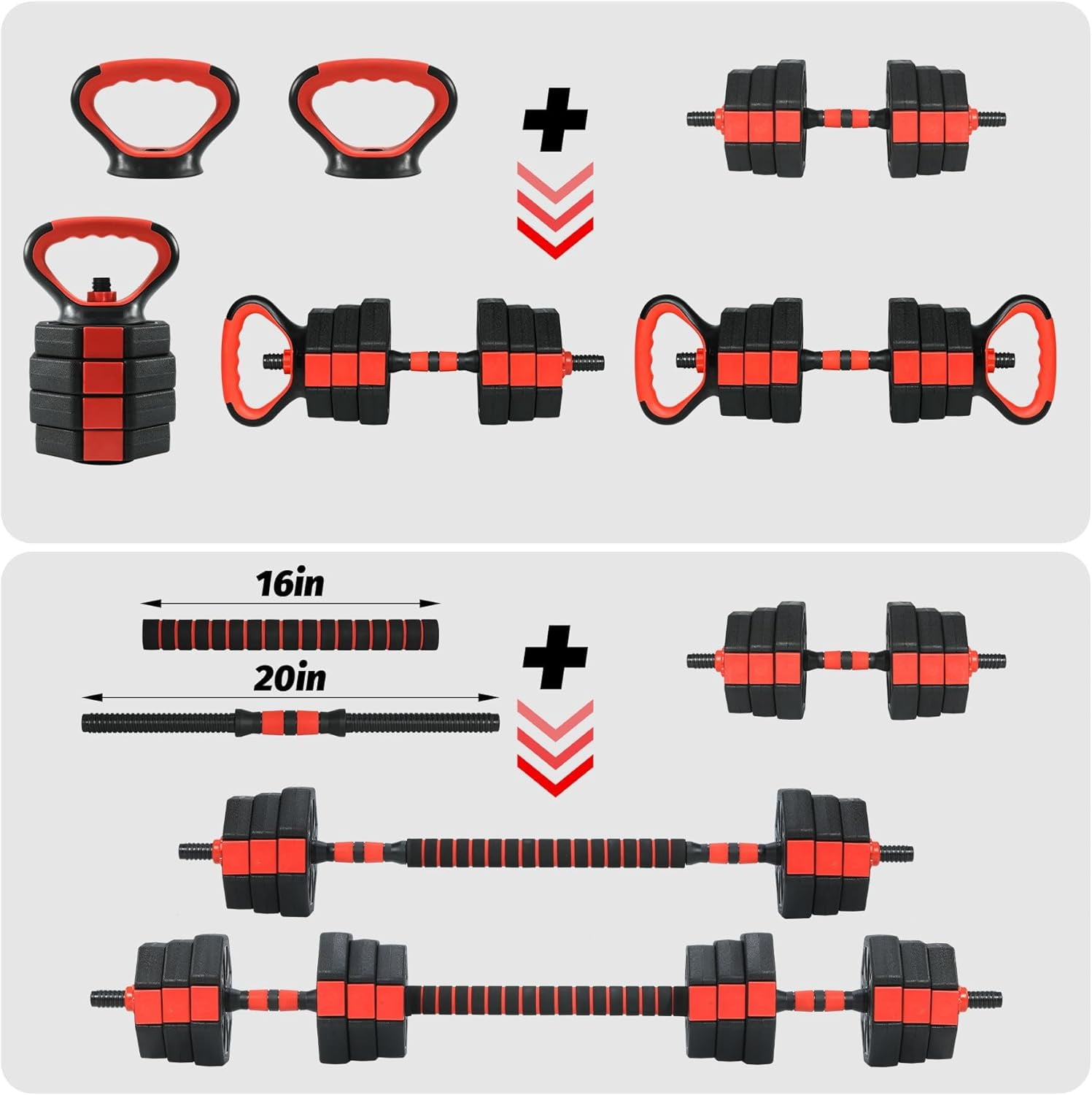 JoanKaren Octagonal Adjustable Dumbbell Set,88lbs 4-in-1 Free Weights Dumbbells Set Used as Barbell with Anti-Slip Handle,Black and Red