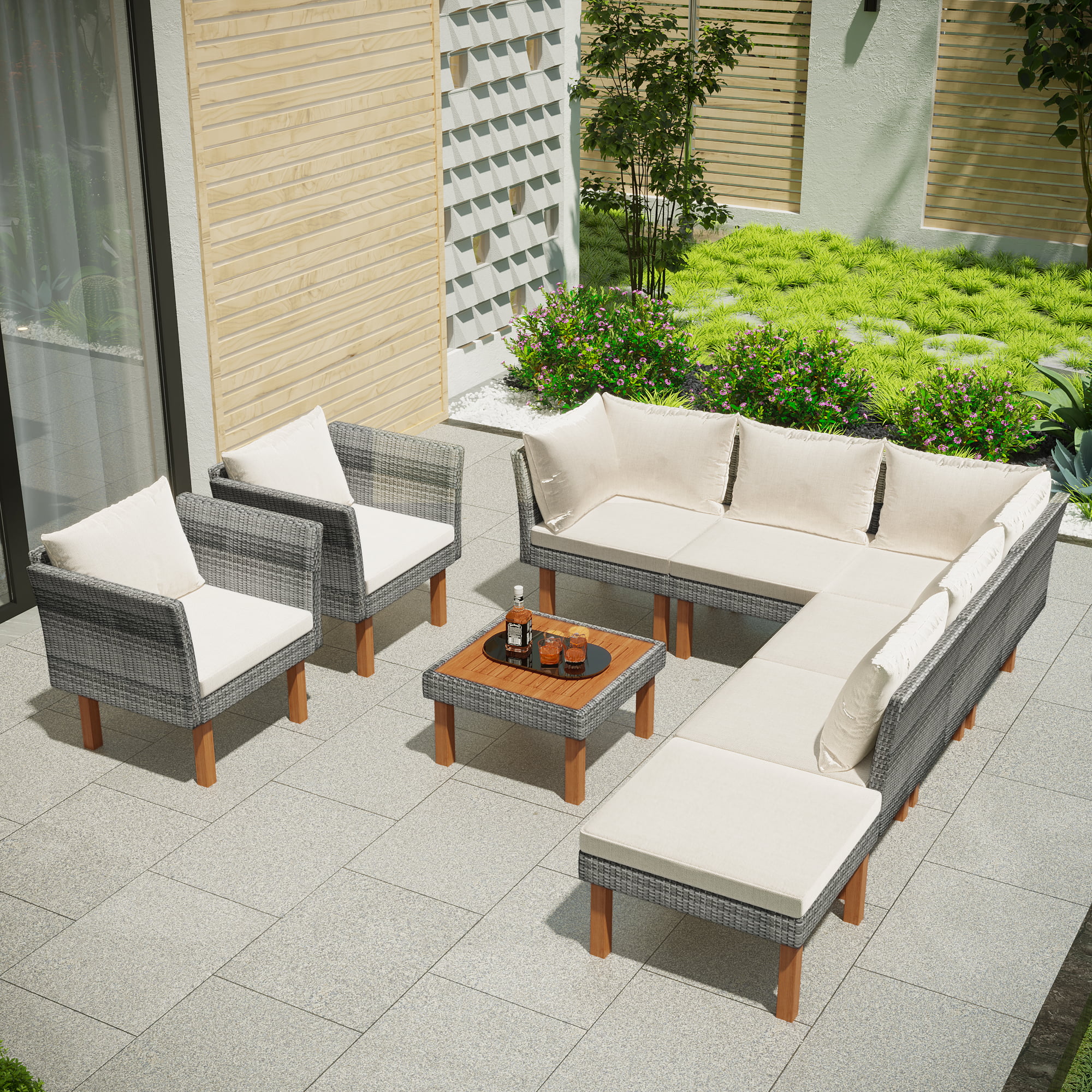 Abanopi 9-Piece Outdoor Patio Garden Wicker Sofa Set, Gray PE Rattan Sofa Set, with Wood Legs, Acacia Wood Tabletop, Armrest Chairs with Beige Cushions - image 3 of 7
