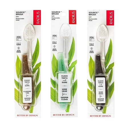 RADIUS Toothbrush Source Floss Brush BPA Free & ADA Accepted Improve Gum Health & Reduce Gum Issues - Soft - Hemp/Soda Pop Ecogrind/Coconut - Pack of 3