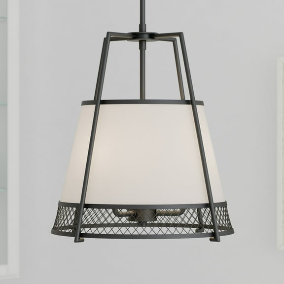 Benton 3L Black Wire Cage Modern Industrial Pendant Light White Linen Shade