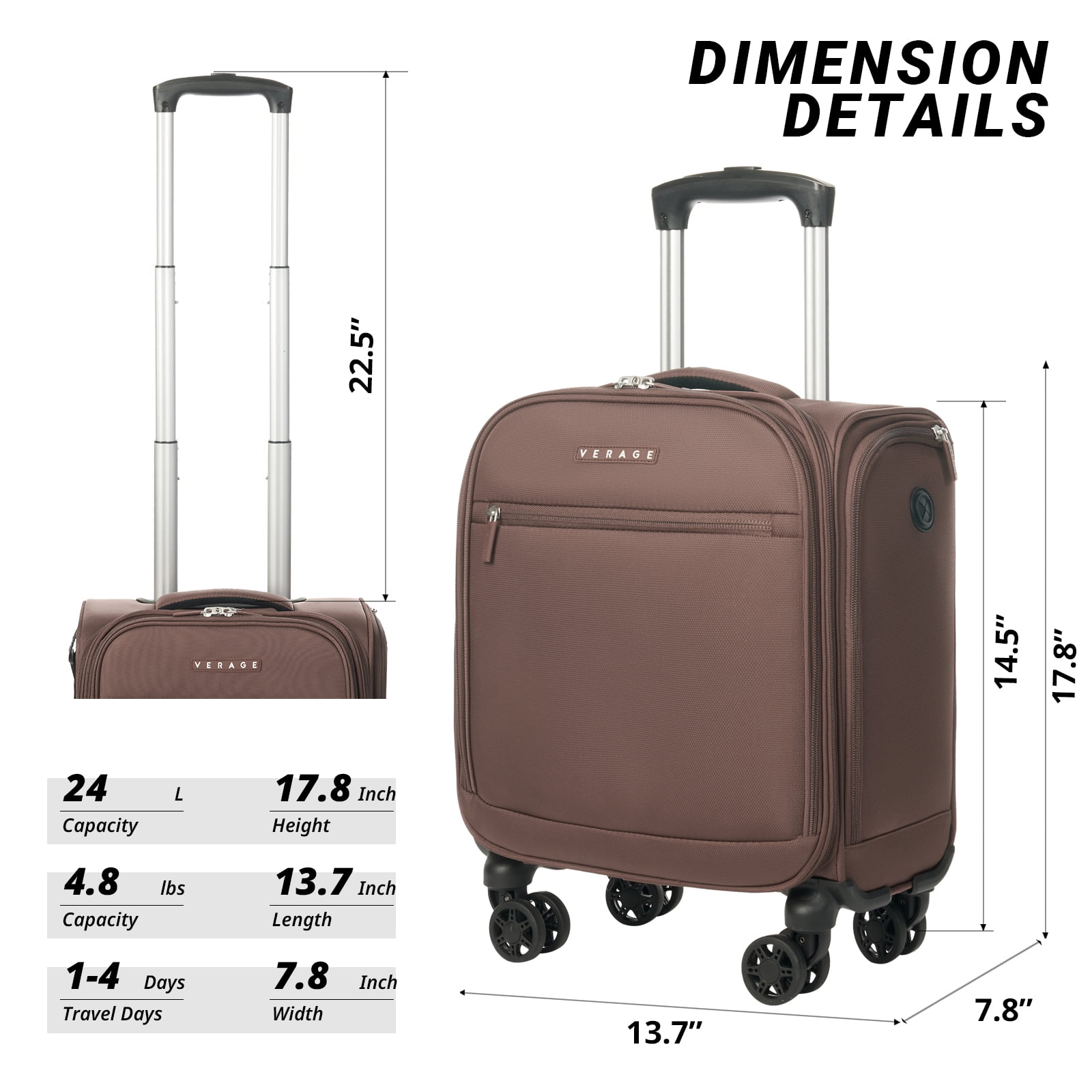 Verage Underseat Carry On Luggage with Wheels, 14.5-Inch Spinner Small Suitcase, Softside Lightweight Travel Bag for Men and Women, Airplane Carry On Bag