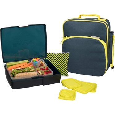 Bentology Lunch Bag and Box Set for Boys, 9 Pieces Total - Kids Insulated Lunchbox Tote, Bento Box, 5 Containers and Ice Pack - Midnight