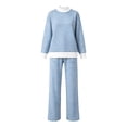 thumbnail image 5 of Plus Size Matching Sets Mock‑Layer Striped Long‑Sleeve Top and High‑Waist Wide‑Leg Pants Casual Travel Clothes, 5 of 6