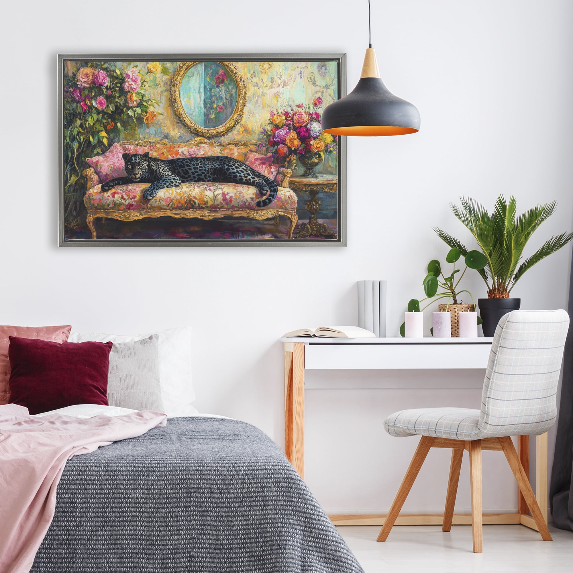 Stupell Industries Lounging Leopard on Floral Sofa Gray Framed Floater Canvas Wall Art, design by Petal Prints Design
